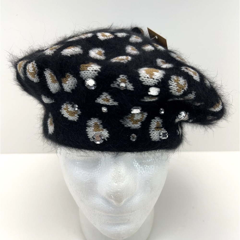 C.C Exclusives Beret Wool Rabbit Hair Rhinestones Animal Print Beanie Luxe NWT